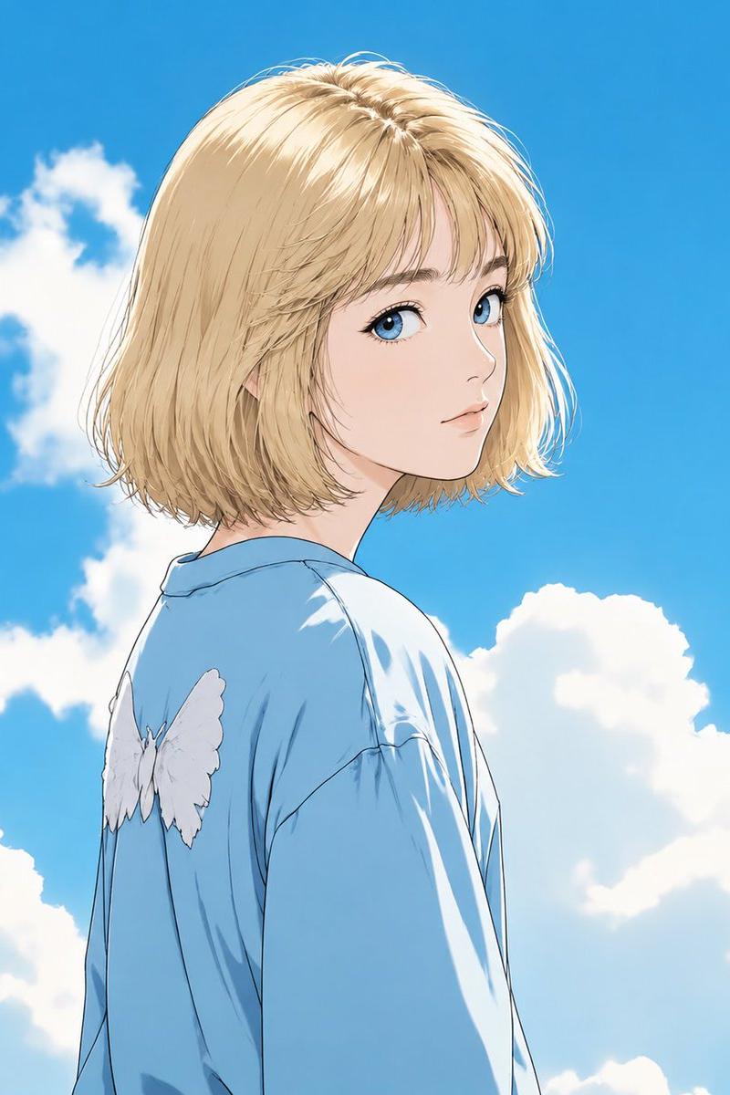 蓝天下的金发动漫少女