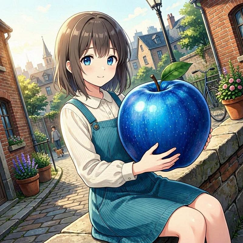 手持蓝色苹果的动漫少女