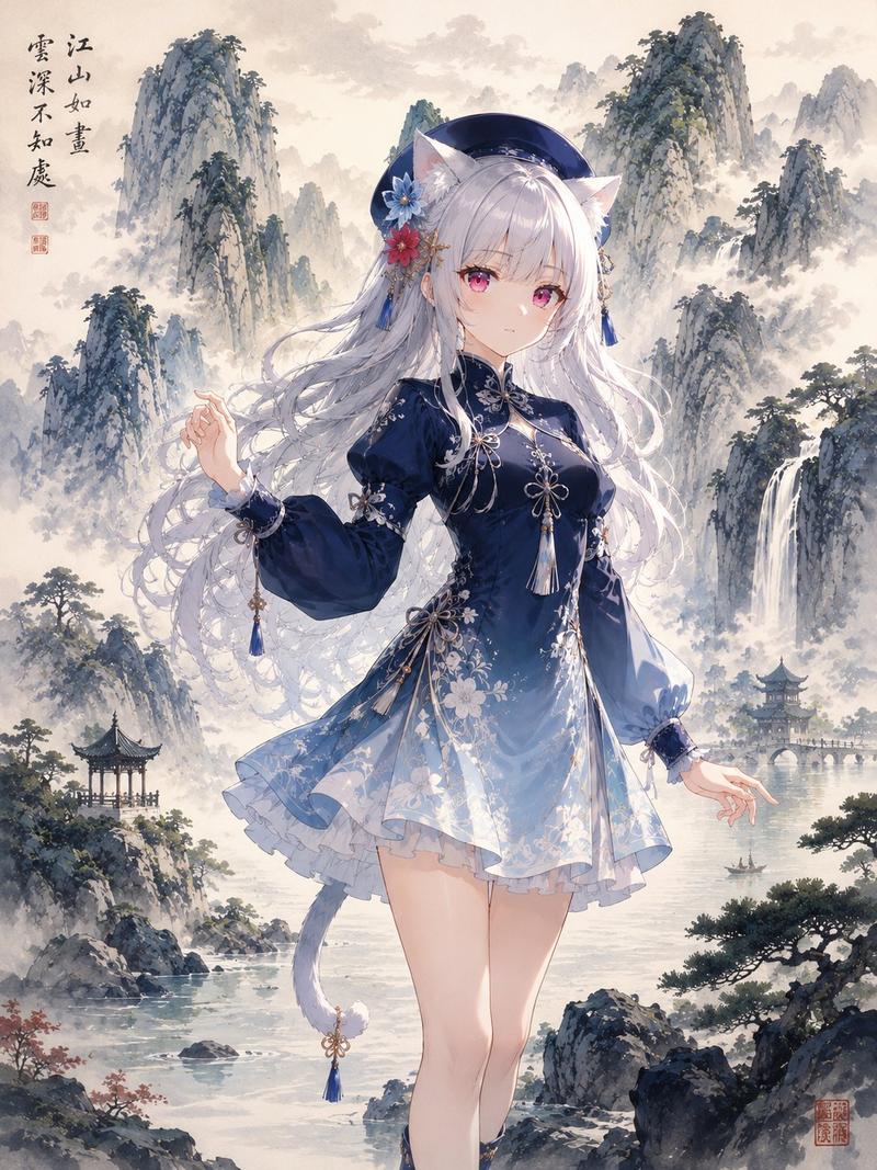 中国水墨山水画风动漫猫娘