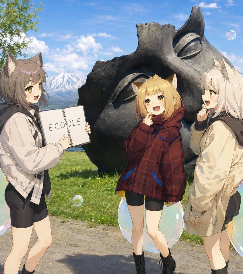 湖畔雕像旁的动漫猫耳少女
