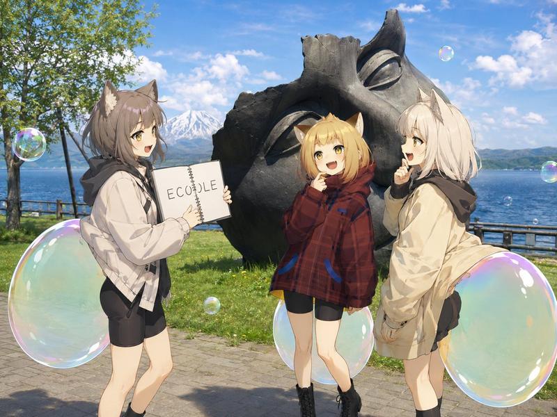 湖畔雕像旁的动漫猫耳少女