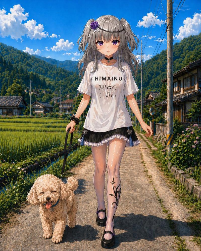 动漫乡村遛狗 T 恤场景