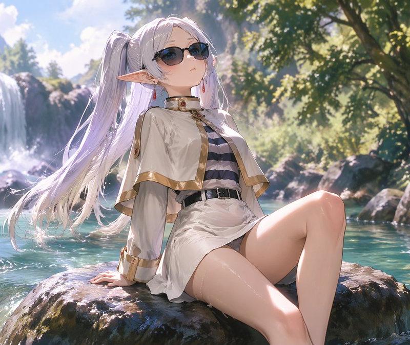 在森林溪流中放松的动漫精灵少女