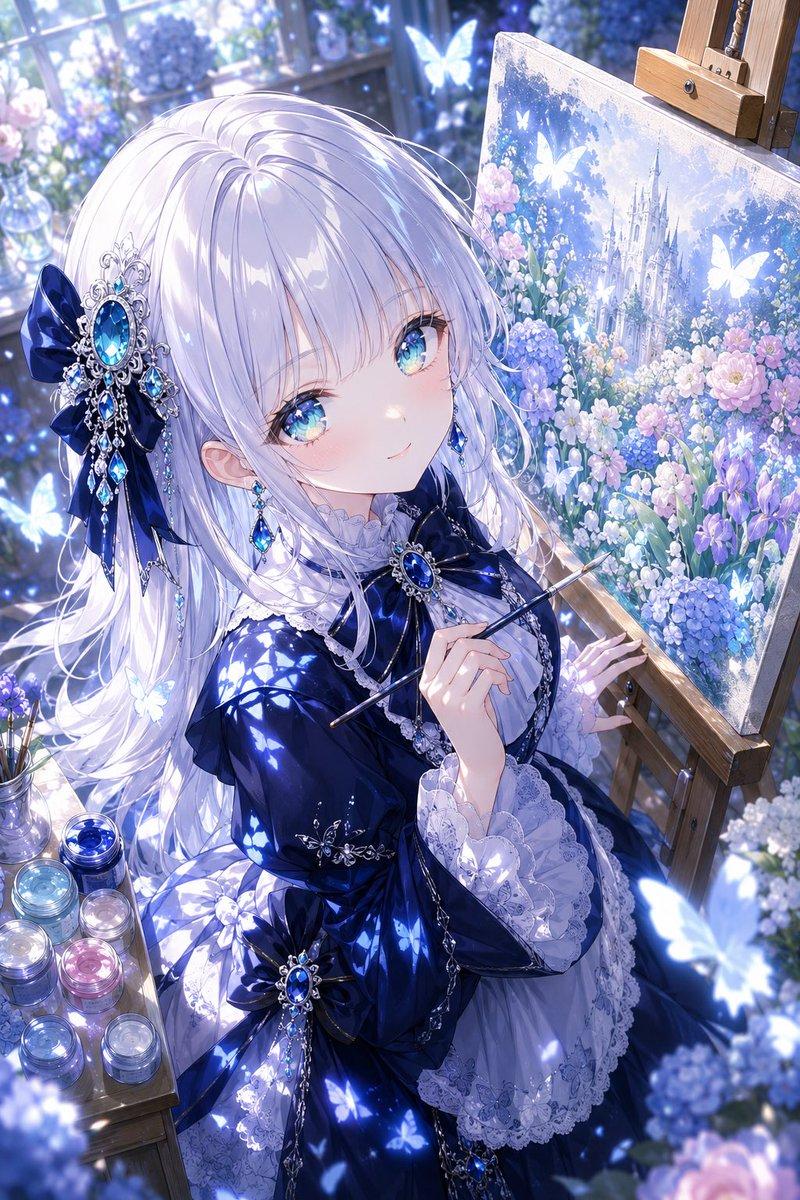 蓝色画室中的动漫奇幻画家