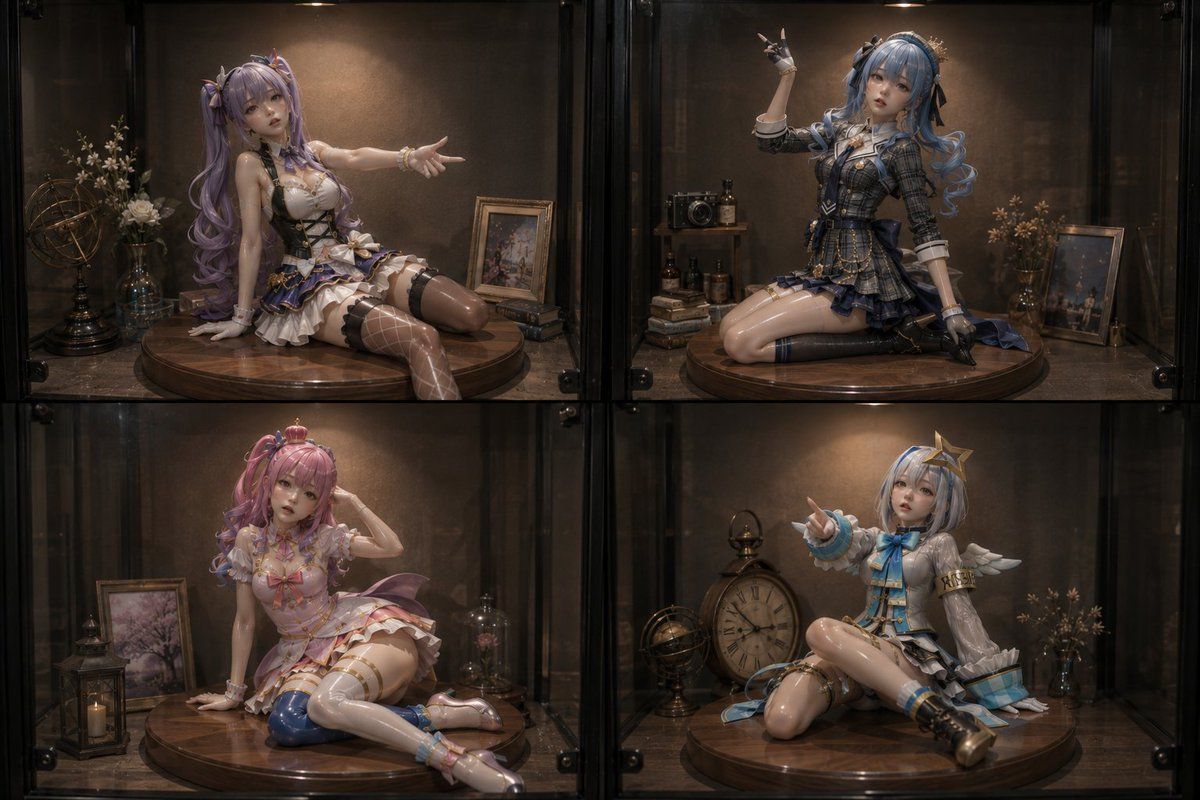 玻璃展示柜中的四个动漫手办