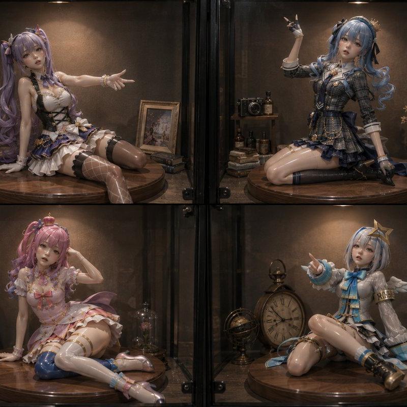 玻璃展示柜中的四个动漫手办