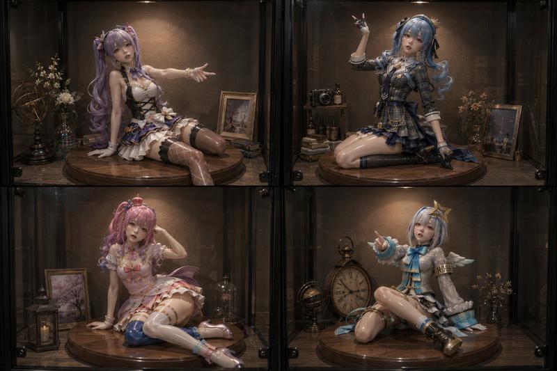 玻璃展示柜中的四个动漫手办