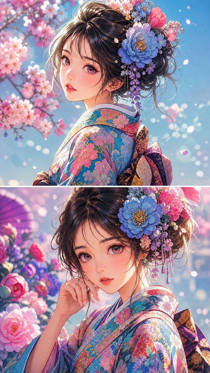 动漫少女花卉和服肖像