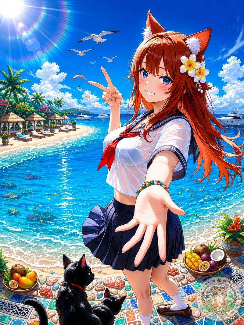 热带海滩上的动漫狐耳少女