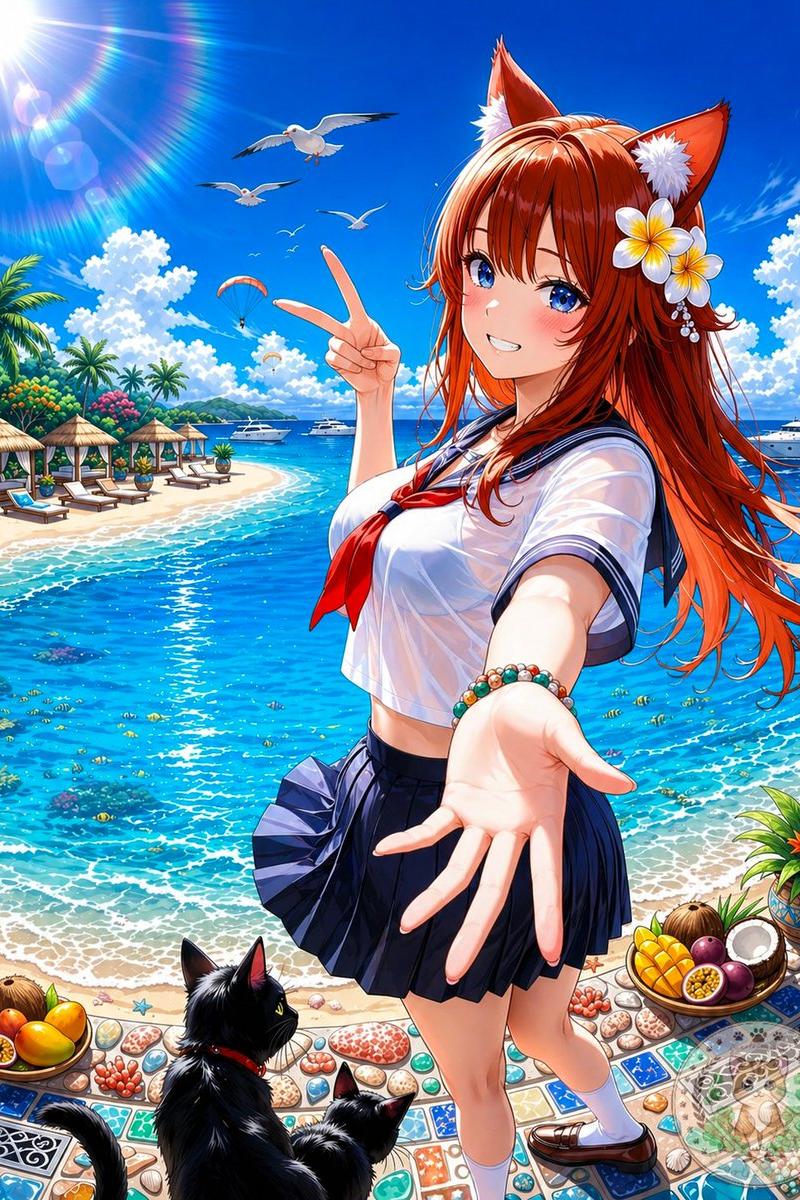 热带海滩上的动漫狐耳少女