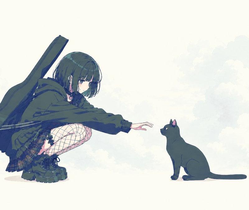 动漫少女伸手触碰猫咪