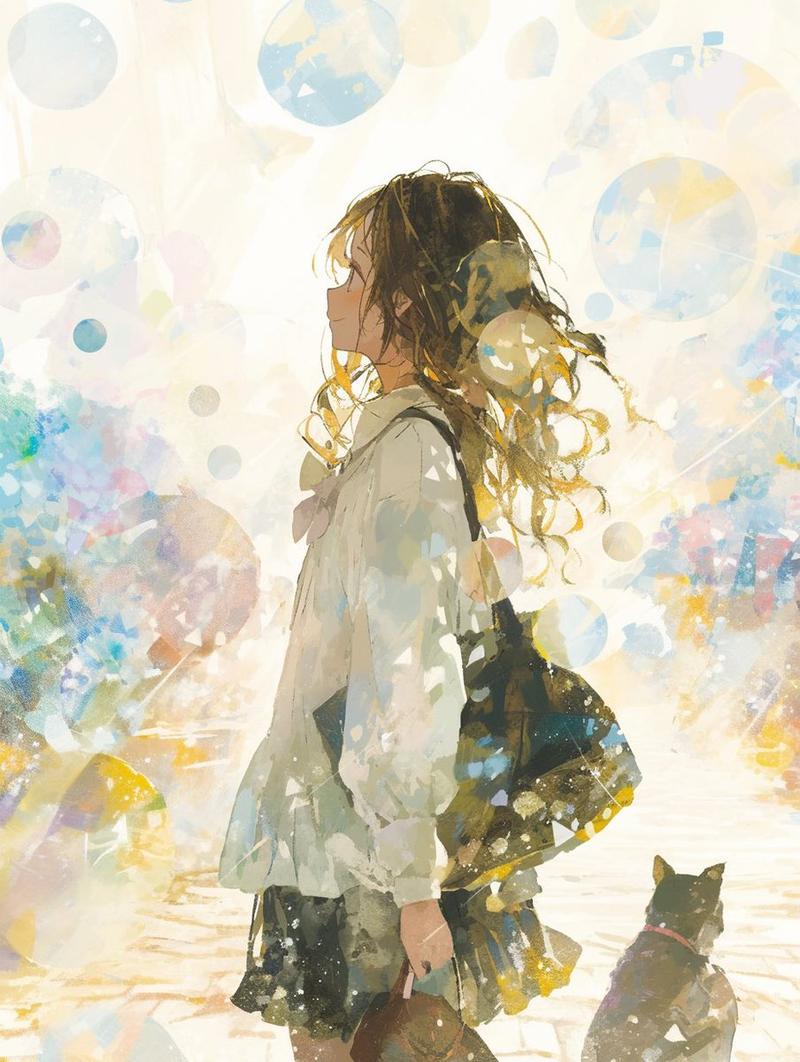 背光动漫少女与猫