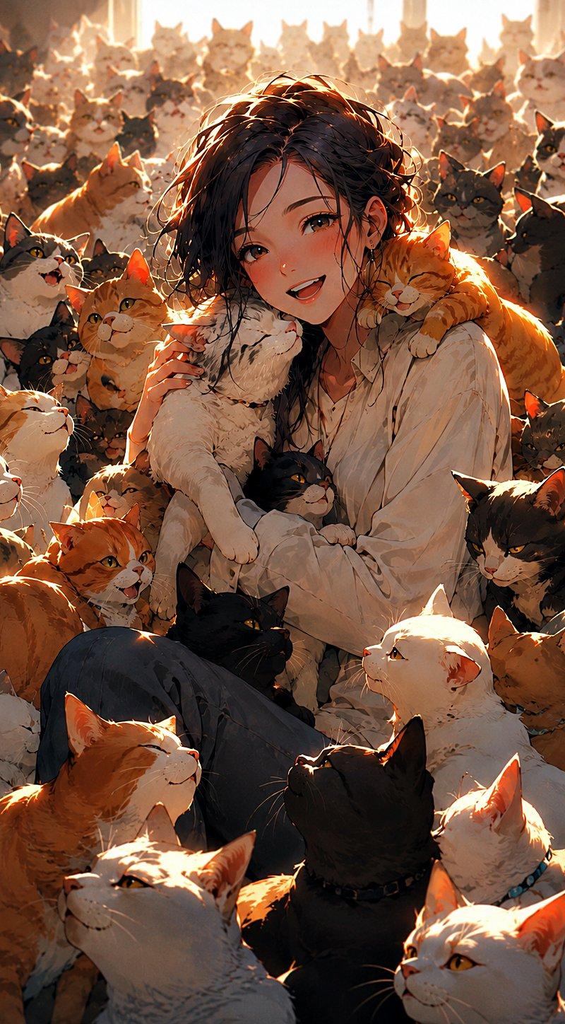 被猫咪包围的动漫少女