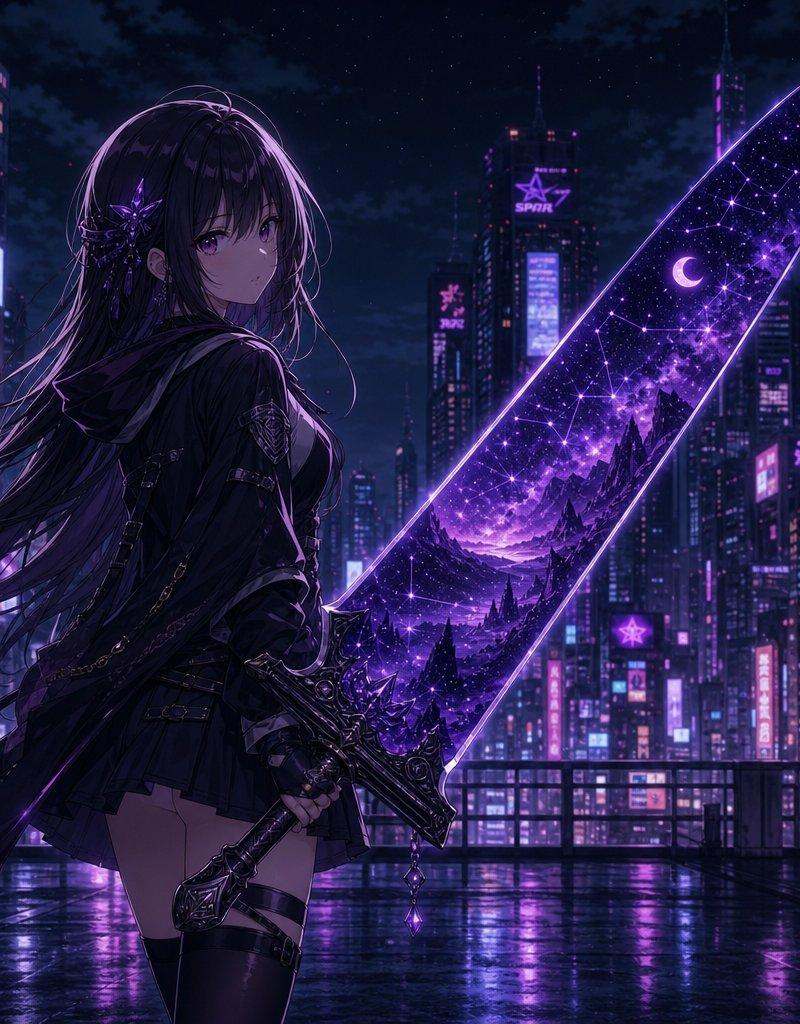 动漫少女双重曝光巨剑