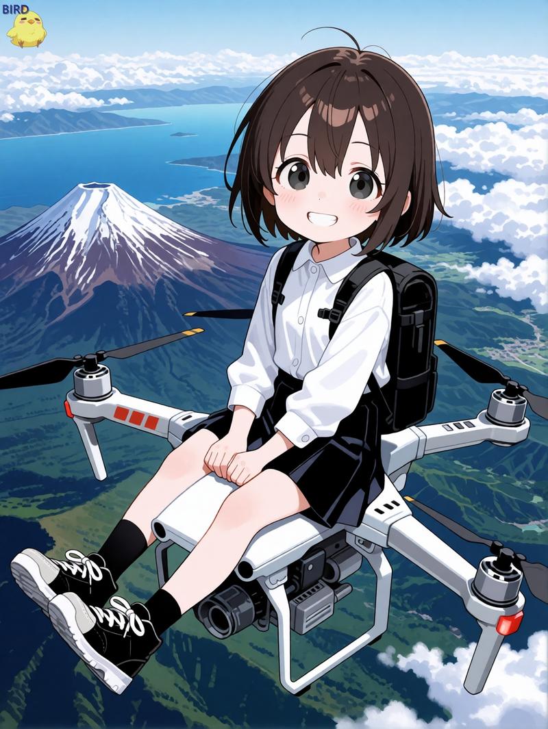 动漫少女骑乘无人机飞越富士山