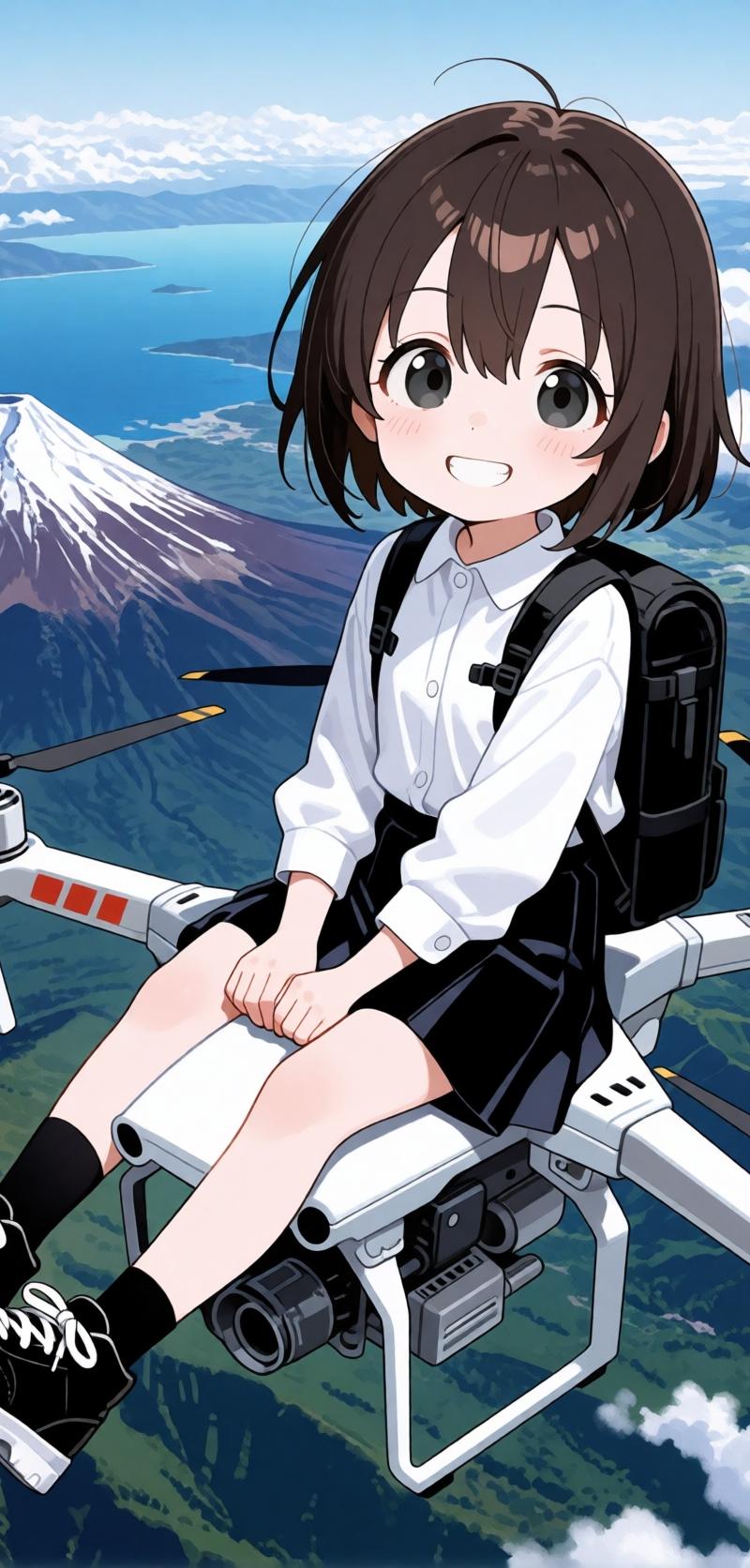动漫少女骑乘无人机飞越富士山