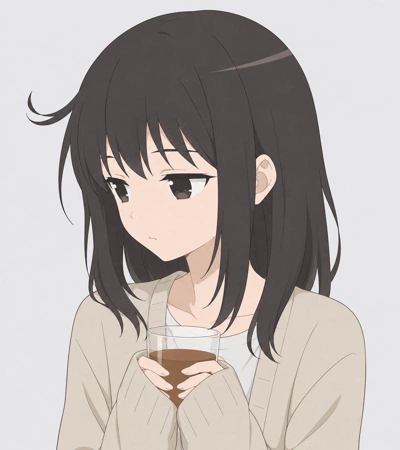 忧郁动漫少女手持茶杯
