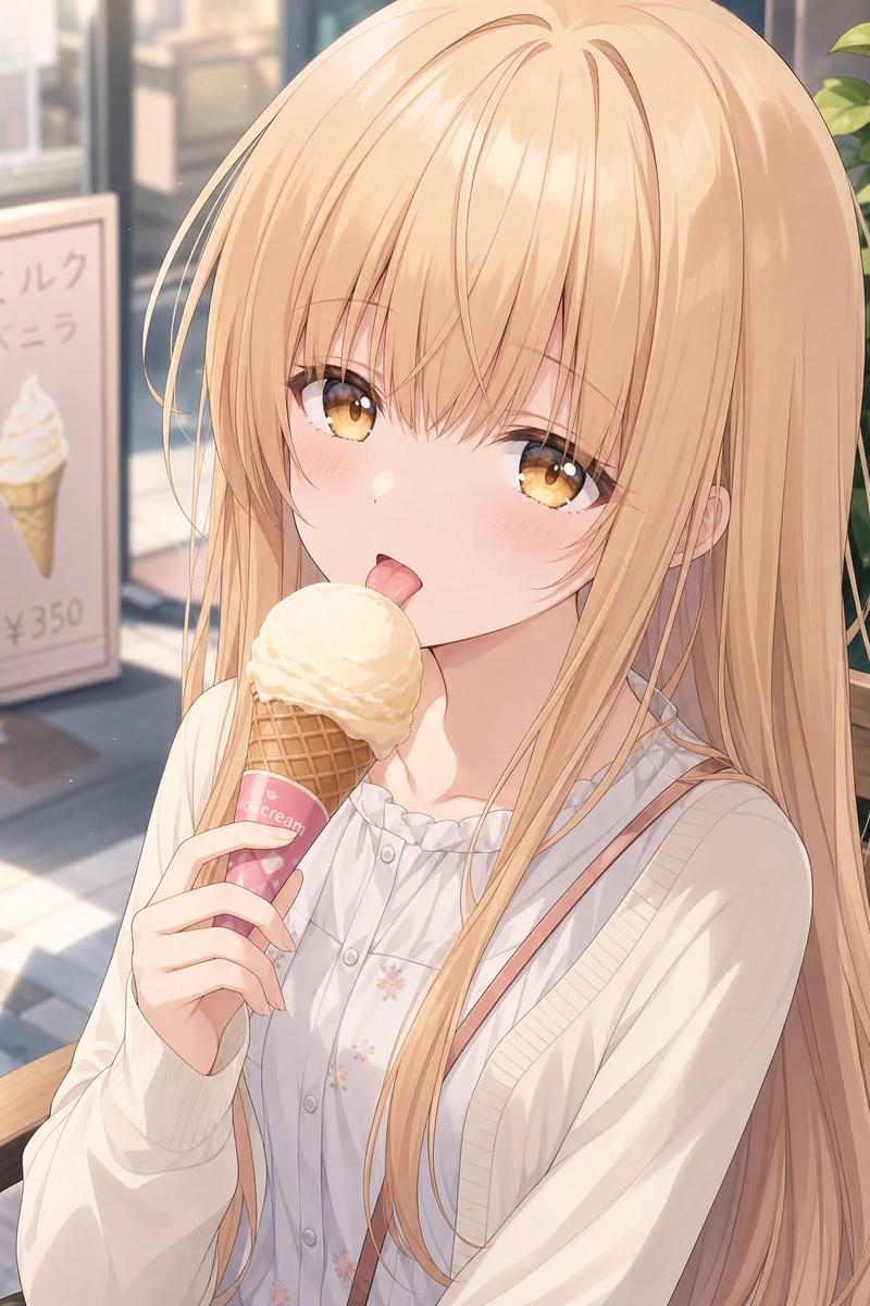 金发动漫少女与冰淇淋