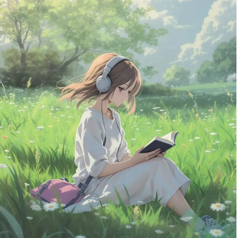 动漫少女草地阅读