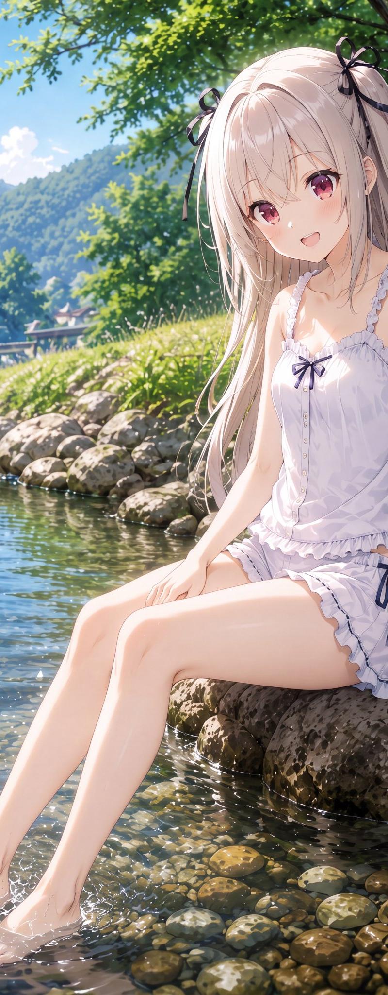 山间溪流边的动漫少女