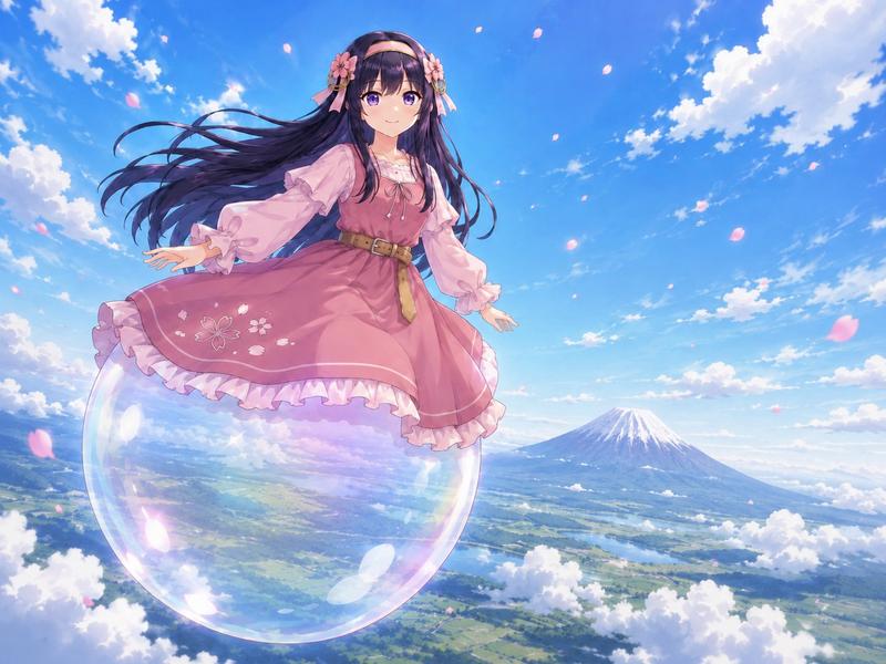 漂浮在二世古上空的动漫少女