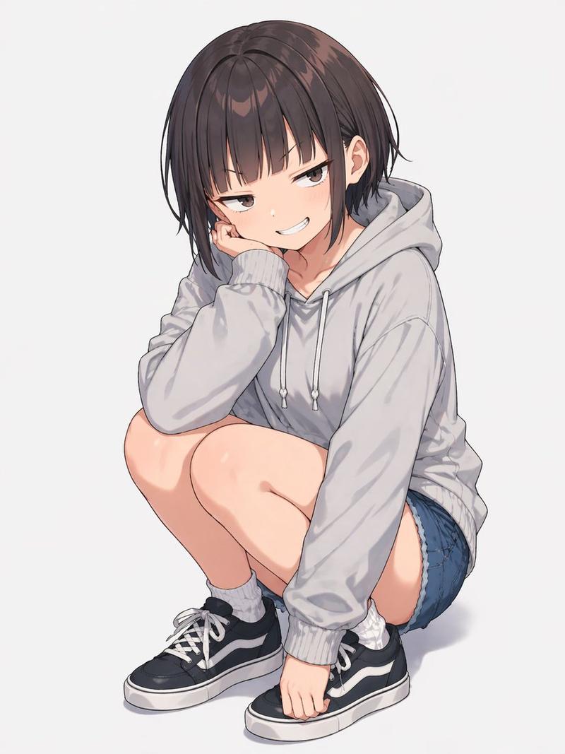 身穿大码连帽衫蹲姿的动漫少女
