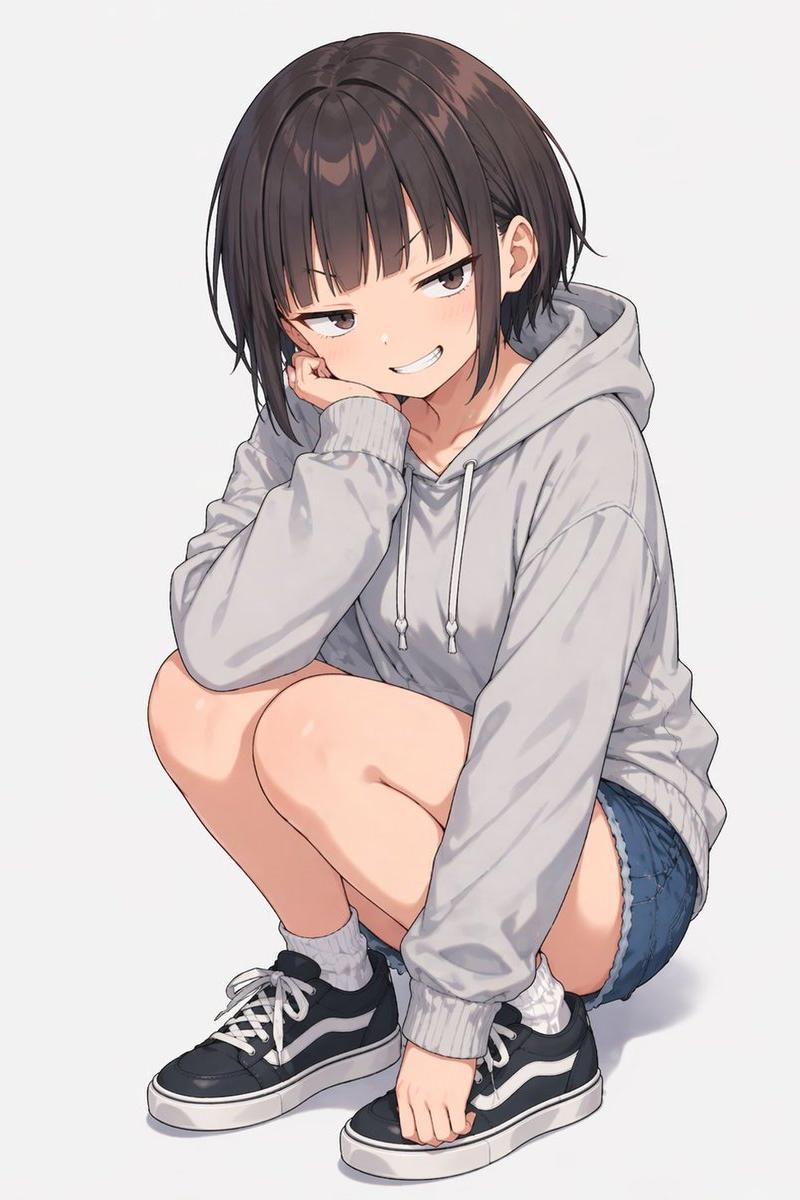 身穿大码连帽衫蹲姿的动漫少女