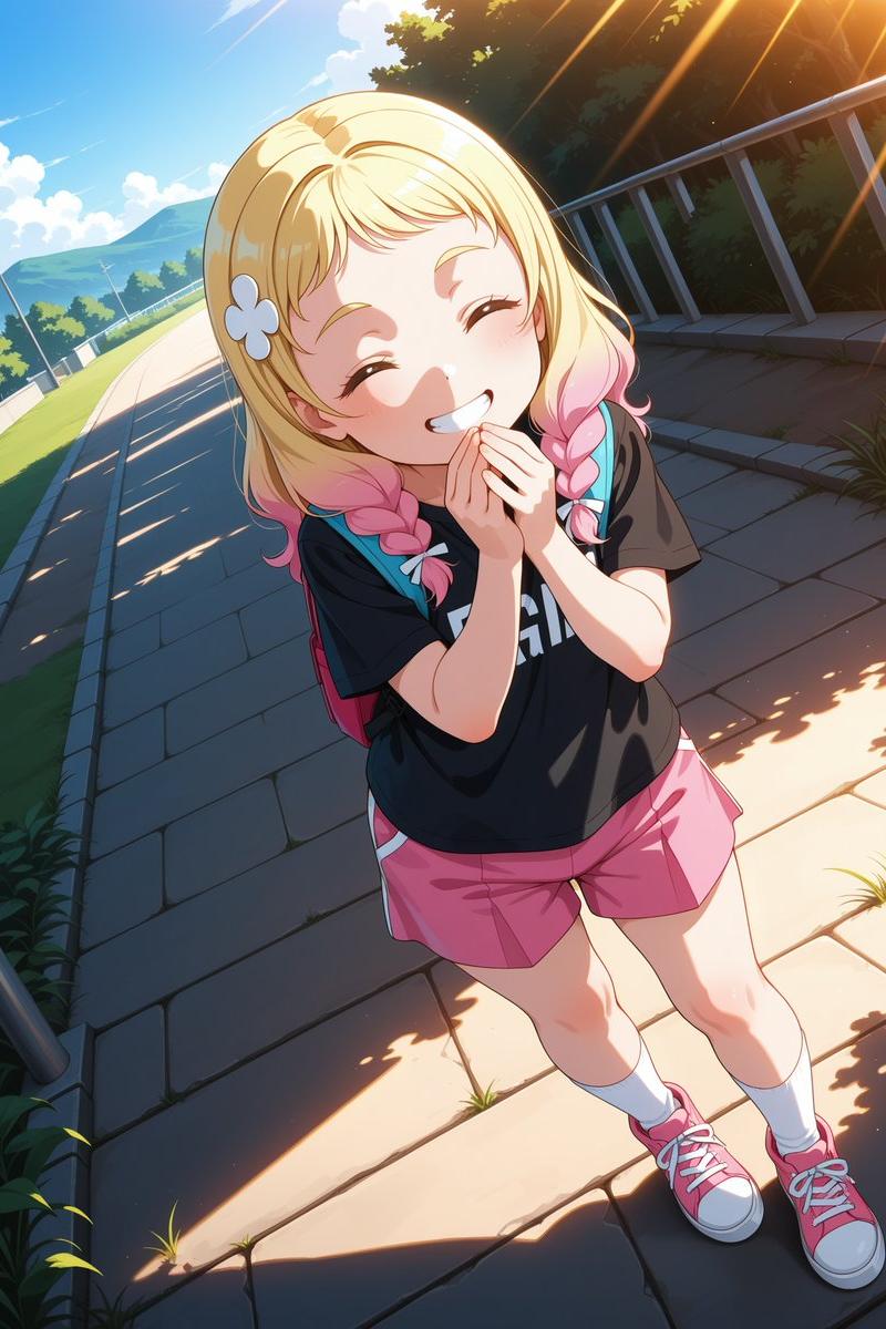 阳光人行道上开朗的动漫少女