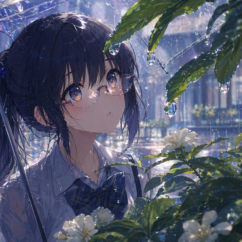 雨中撑伞的动漫少女