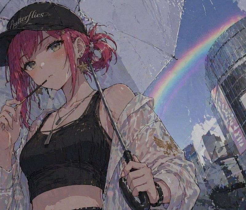 撑伞彩虹下的动漫少女