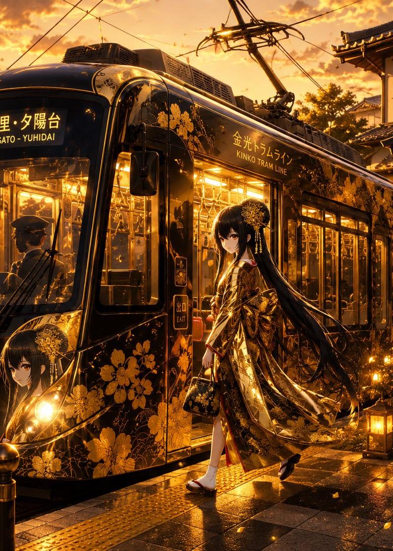 夕阳下的金色动漫电车