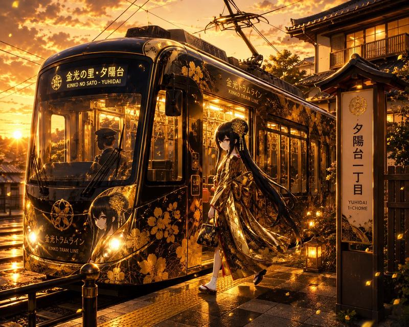 夕阳下的金色动漫电车