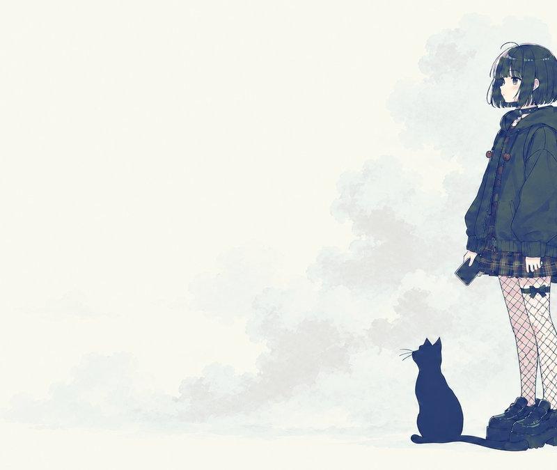 忧郁吉他少女与猫