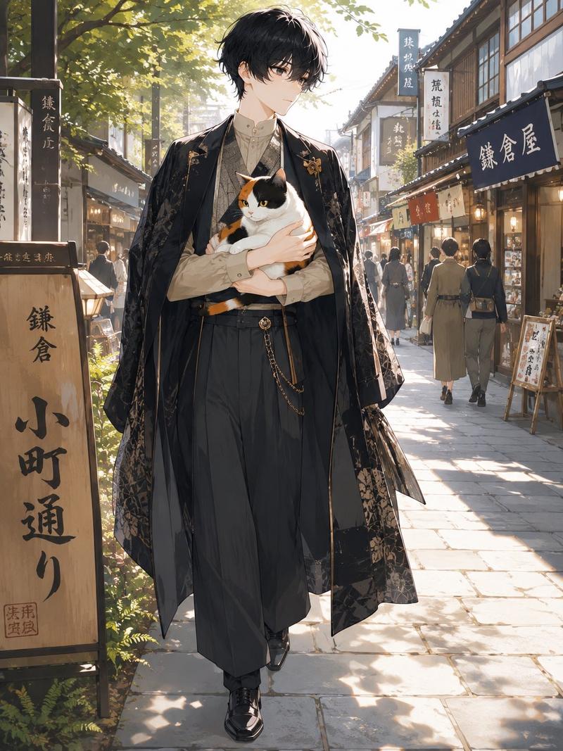 无脸动漫男子怀抱三花猫