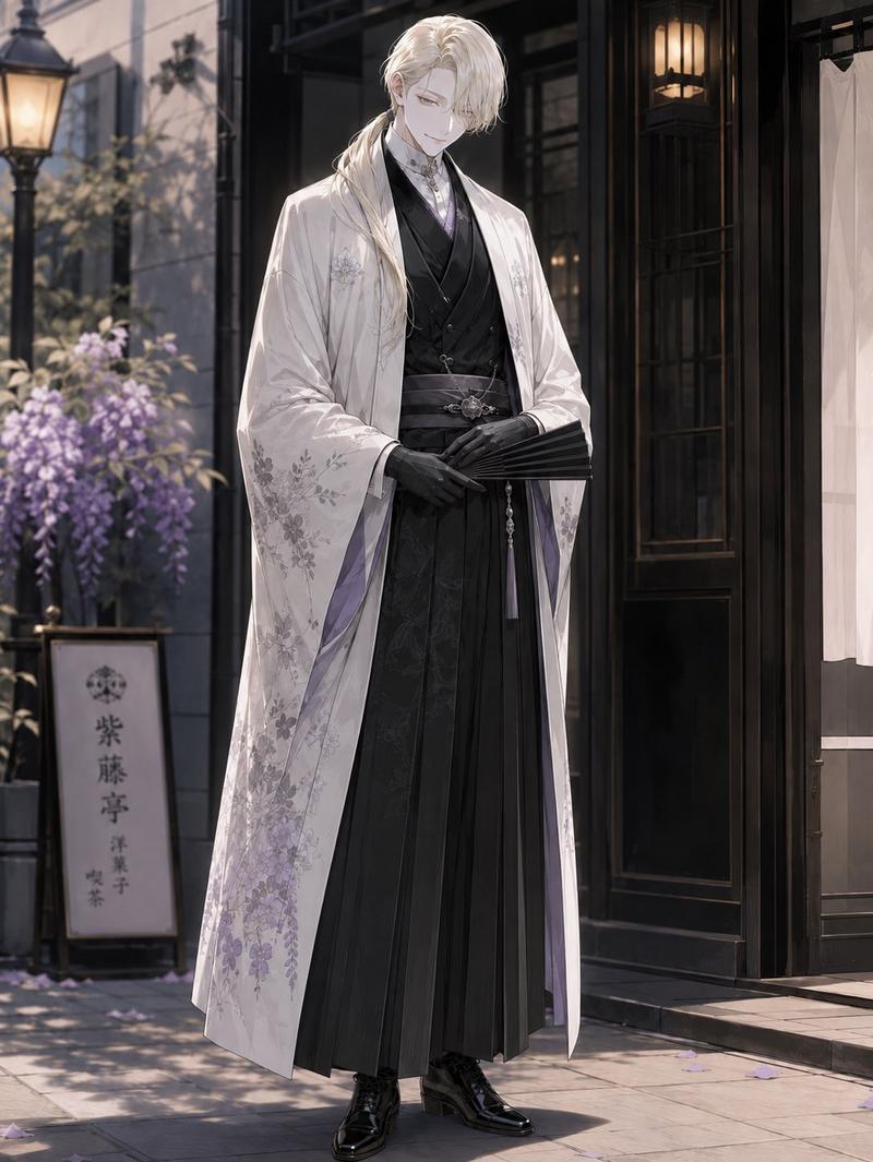 优雅甜品店和服男子