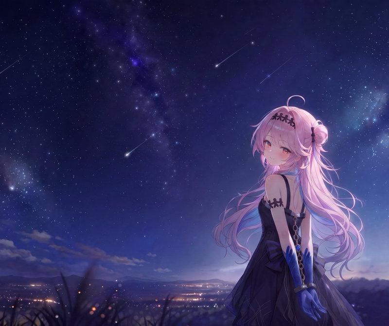 流星星空下的动漫少女
