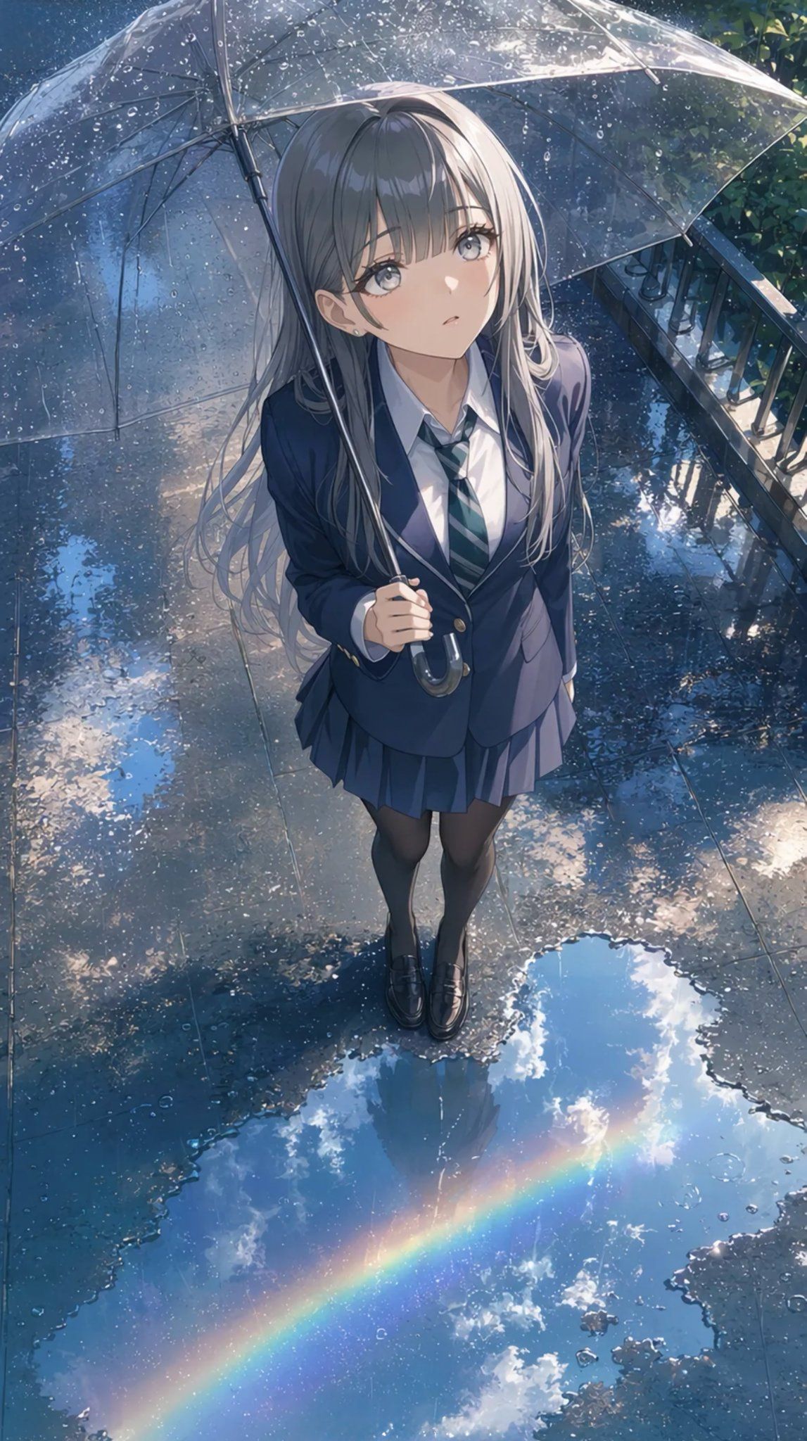 撑着透明雨伞的动漫女学生