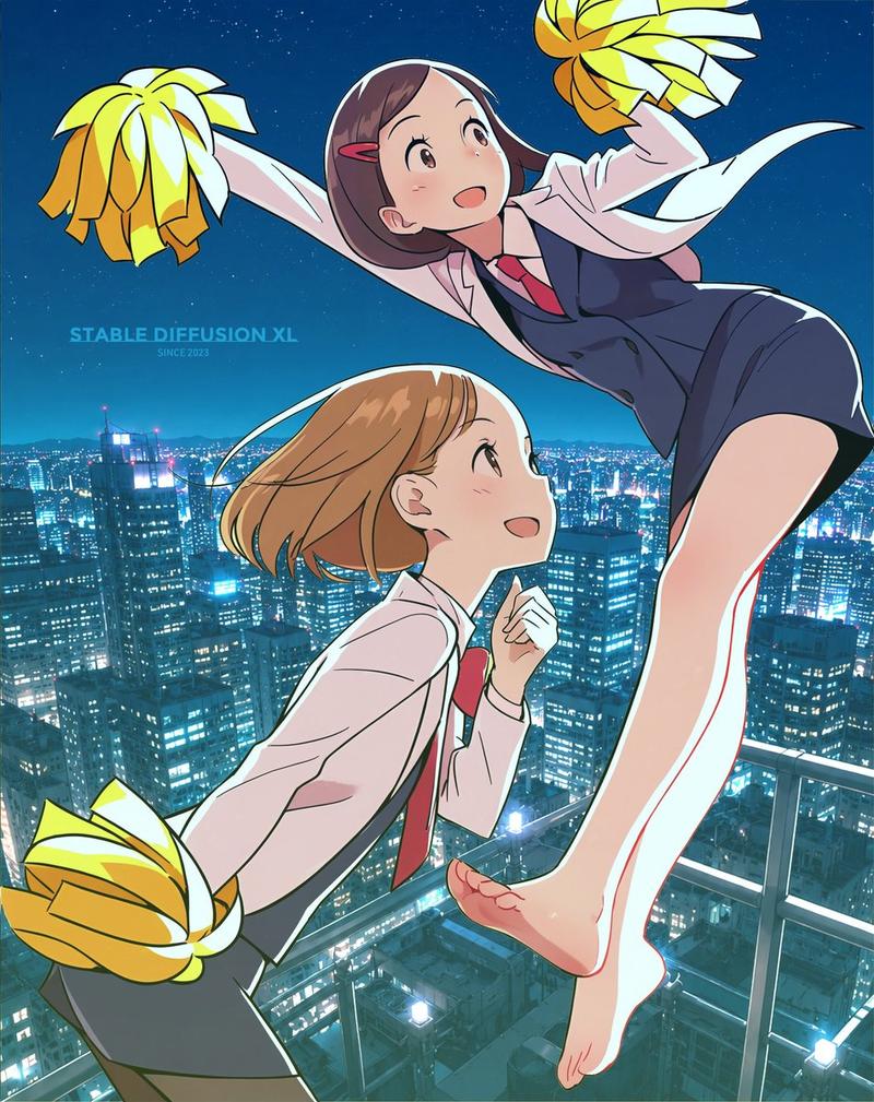 夜晚天台上的动漫啦啦队少女