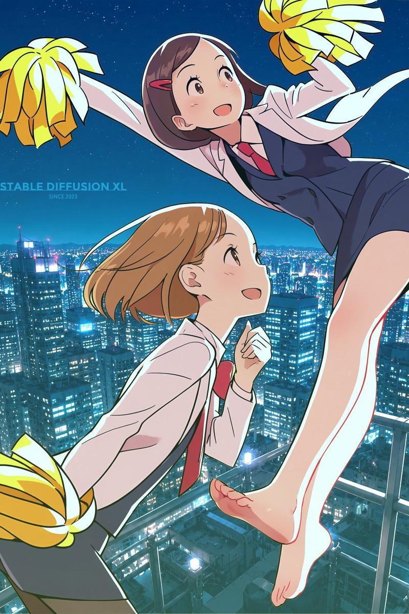 夜晚天台上的动漫啦啦队少女