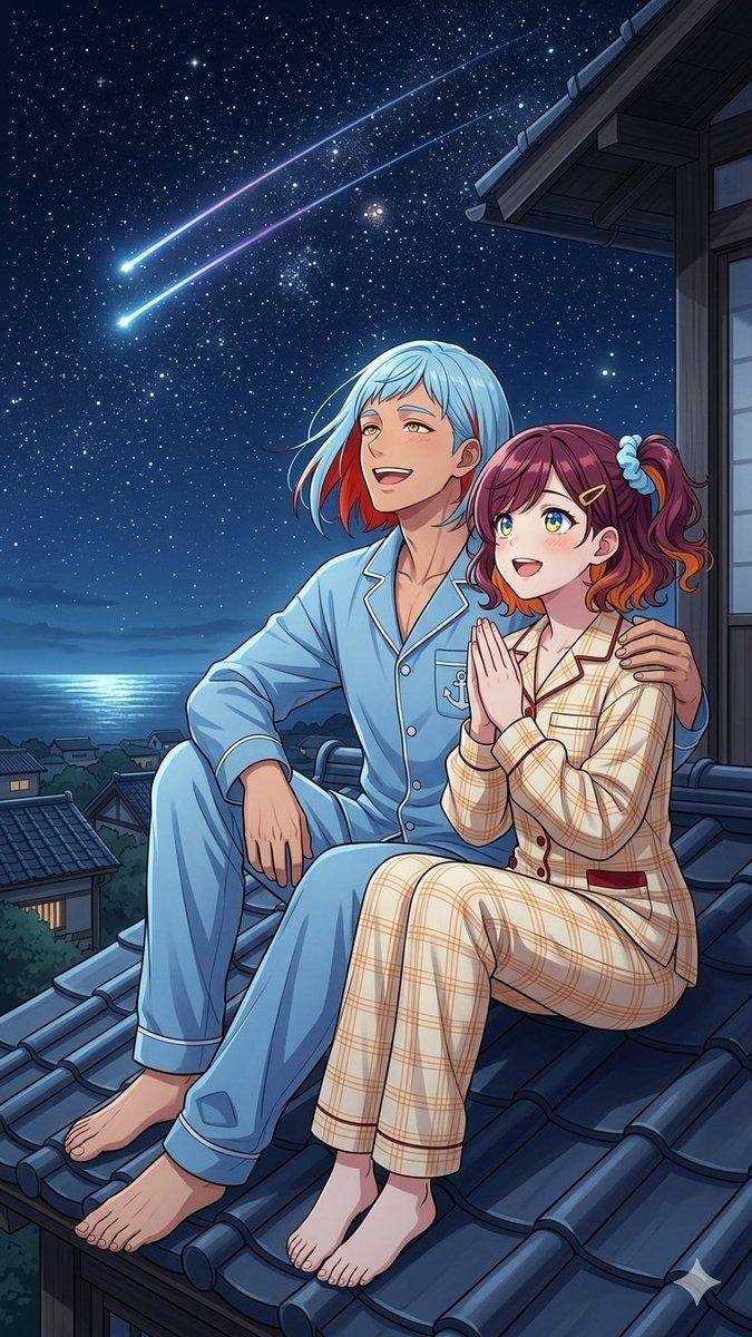动漫风格屋顶观星情侣