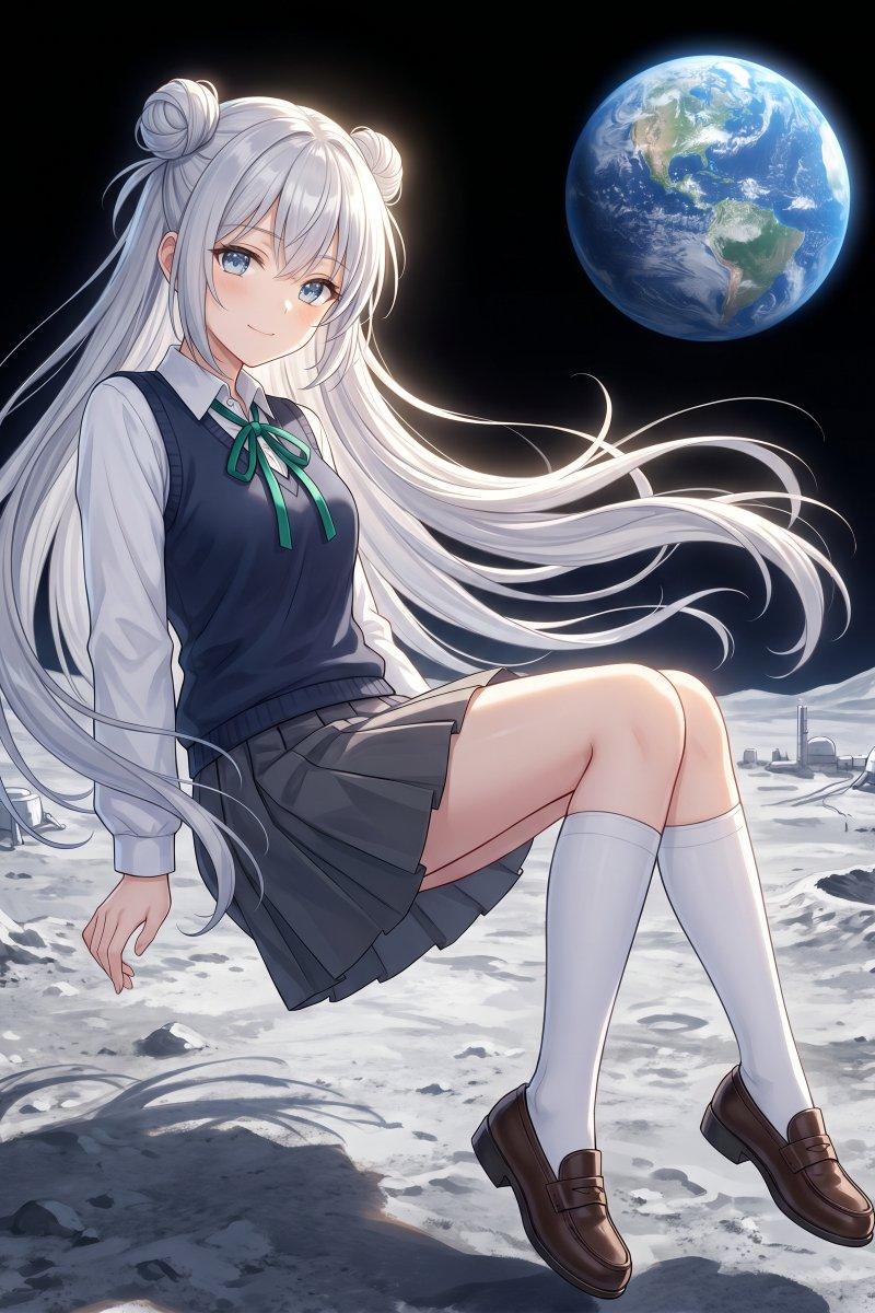 漂浮在月球上的动漫女学生