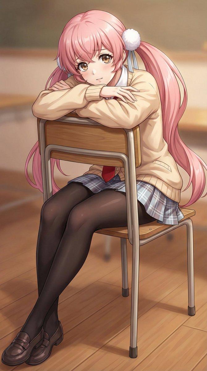 动漫女学生抱椅插画