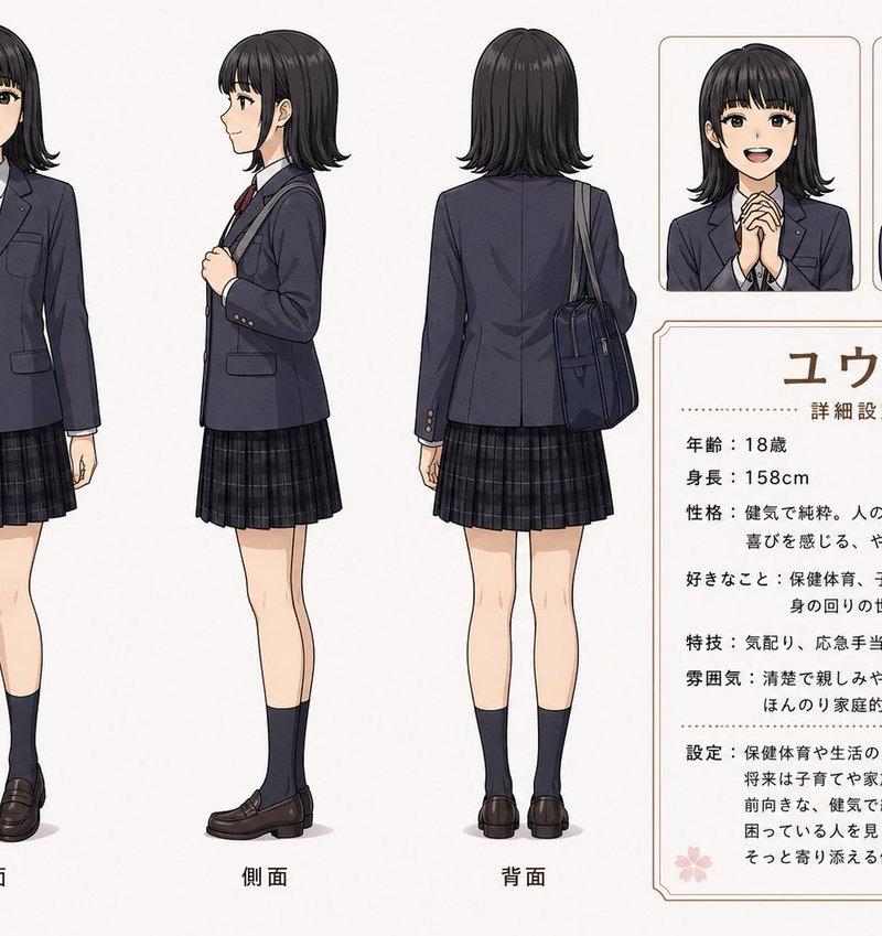 动漫女高中生角色设定参考图