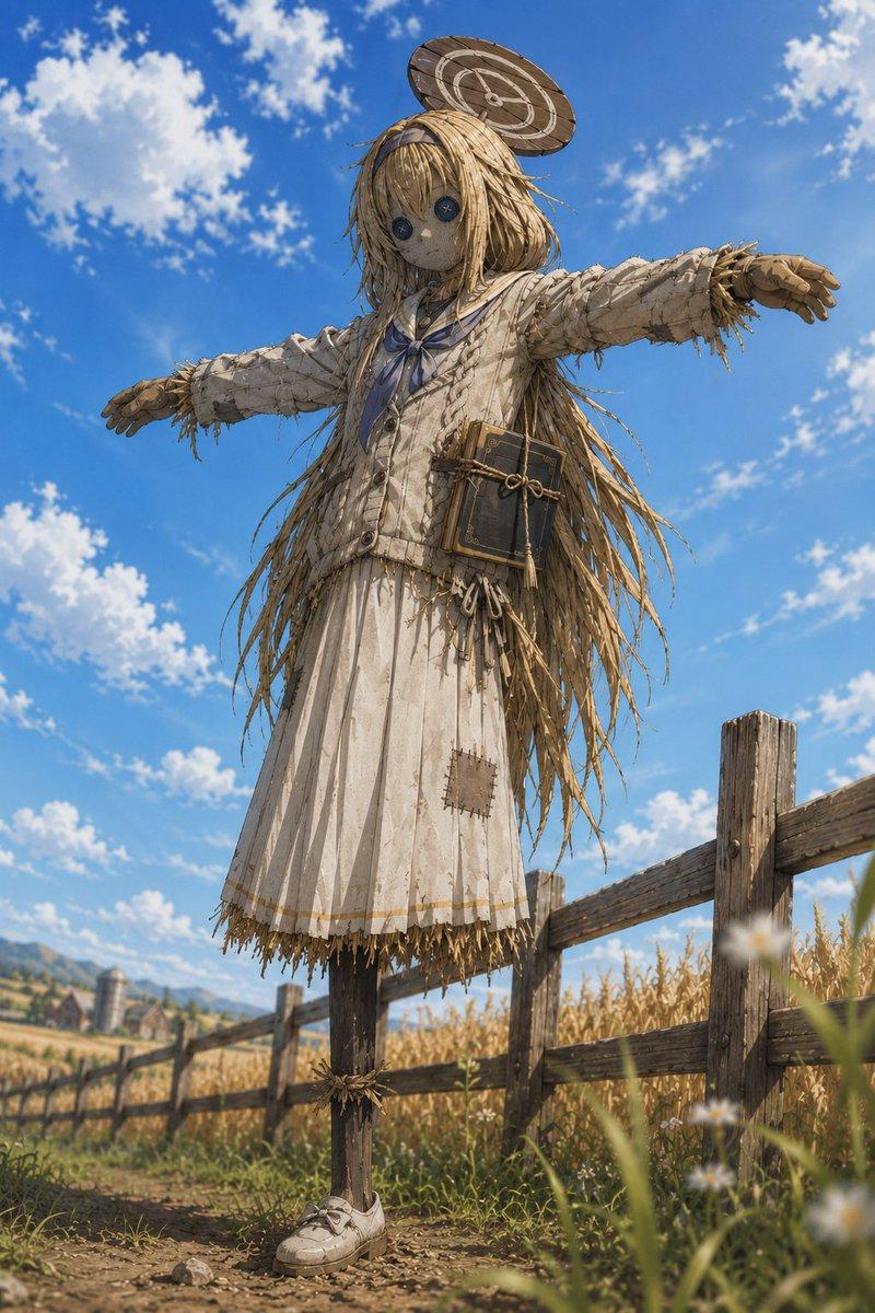 乡村田野里的动漫风女学生稻草人