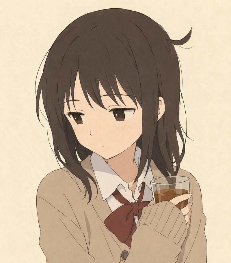 手捧茶杯的安静动漫女学生