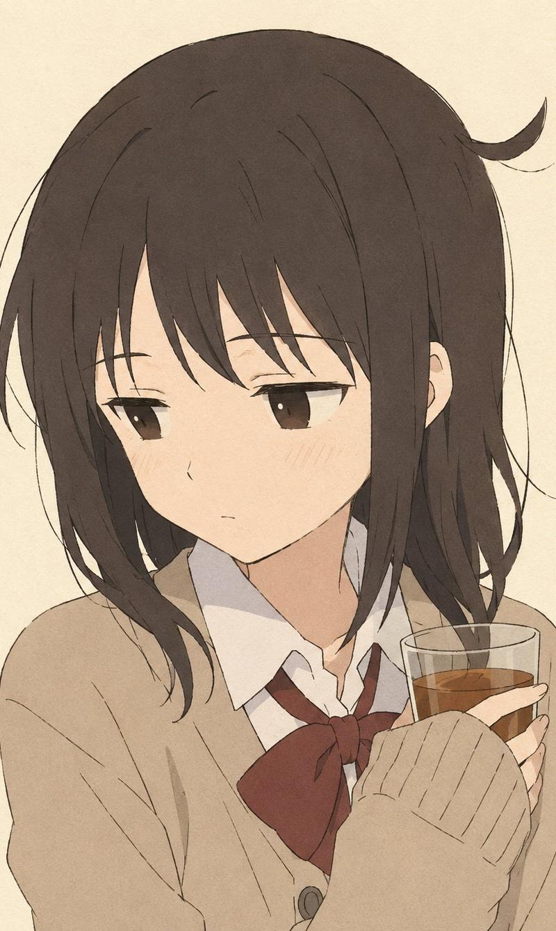 手捧茶杯的安静动漫女学生