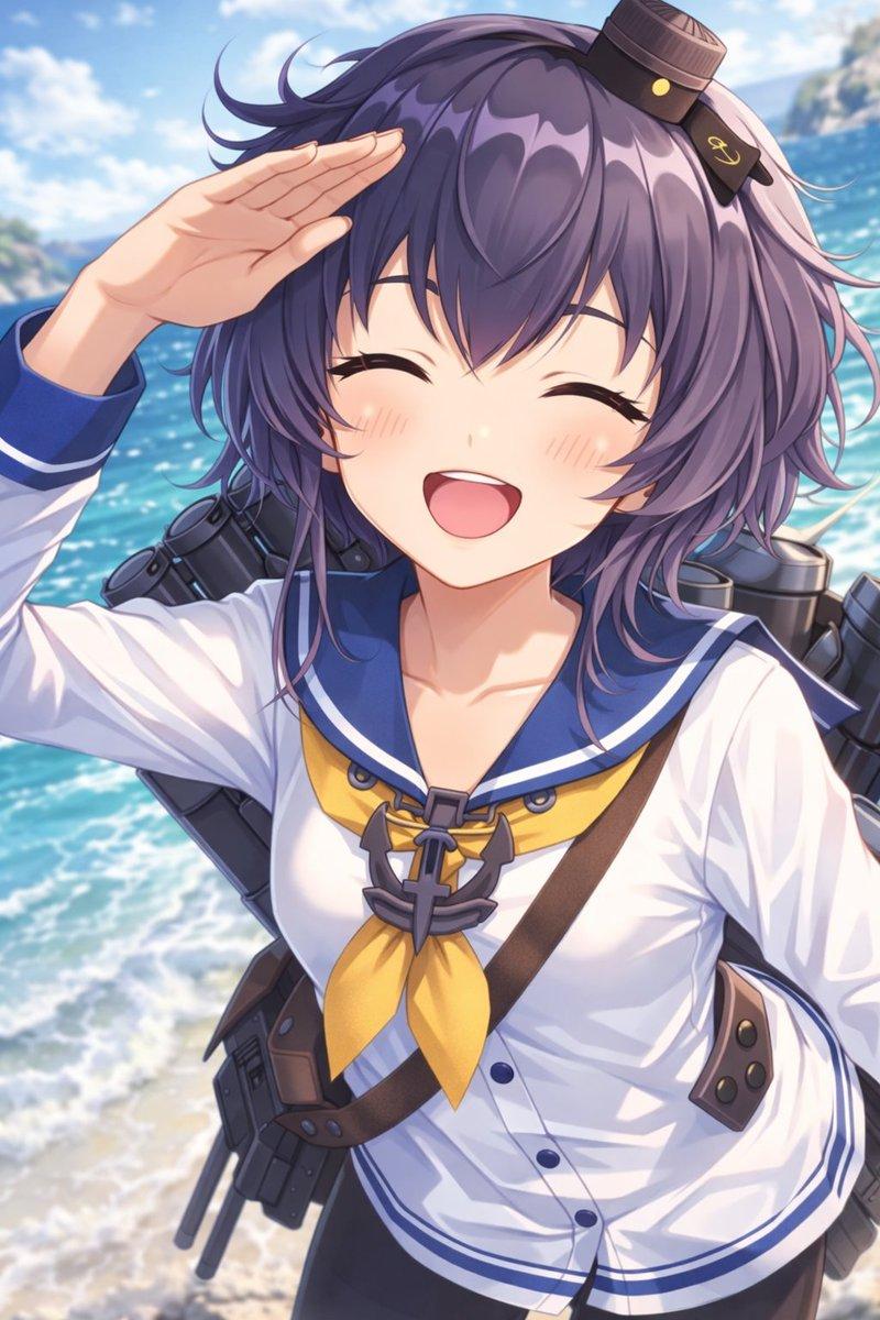 海滩上敬礼的动漫舰娘