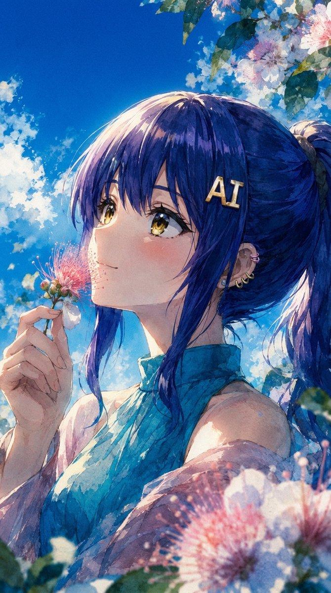 夏季动漫肖像与合欢花