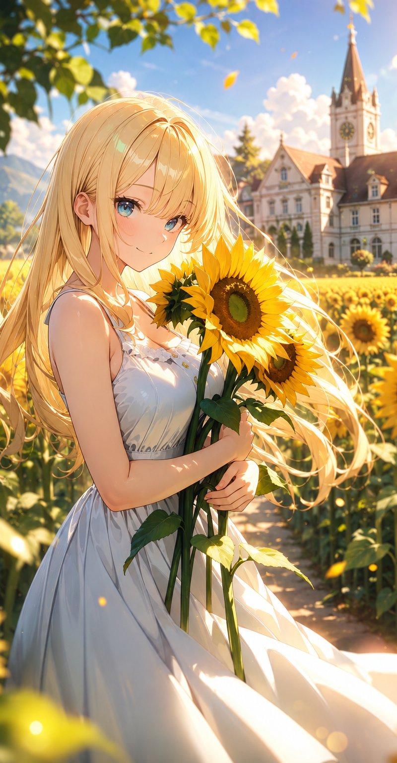 向日葵花田中的动漫少女