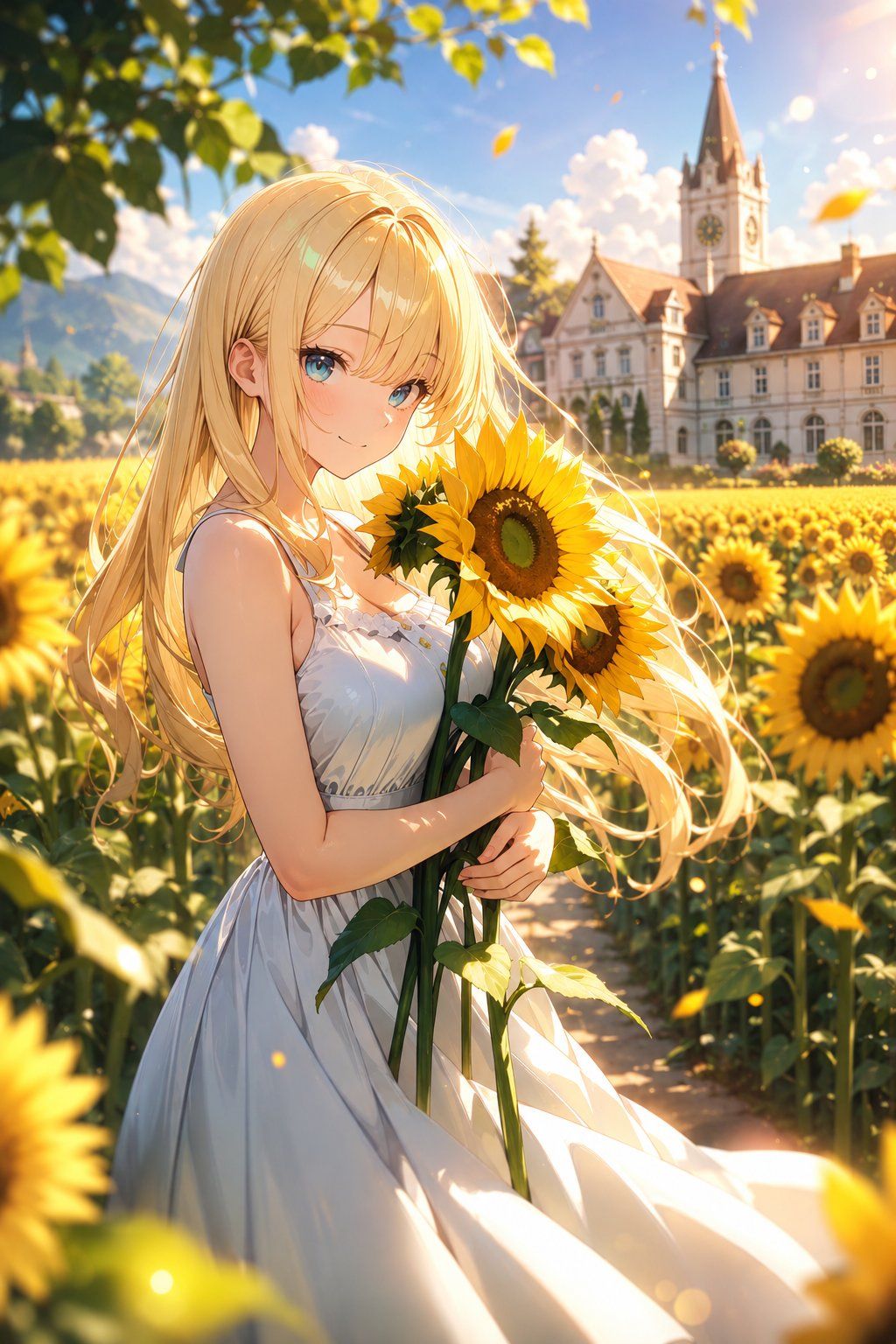 向日葵花田中的动漫少女